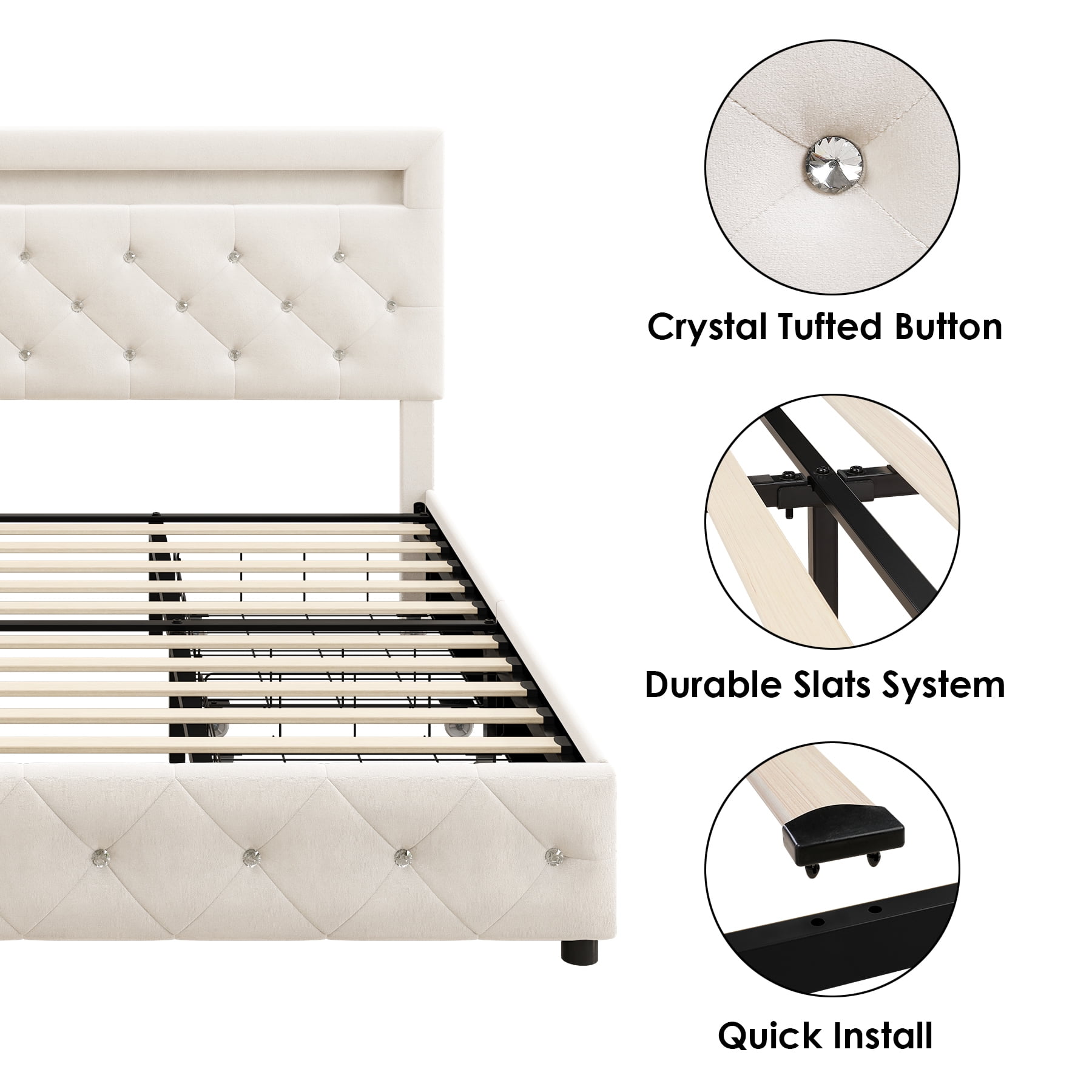 Homfa King LED Bed Frame with 4 Storage Drawer, Upholstered Platform Bed  with Adjustable Crystal Button Tufted Headboard, Beige 