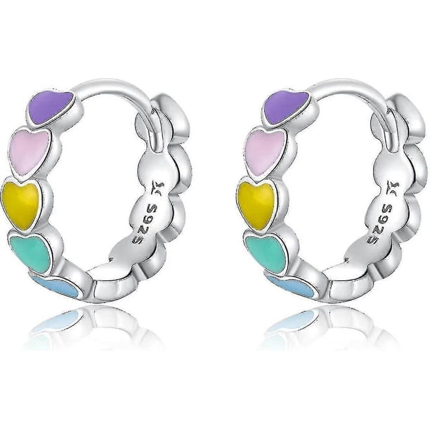 Pendientes de plata de ley 925 para niñas, pequeños aros, joyería hipoalergénica de moda para niñas pequeñas, regalos de cumpleaños, arcoíris colorido