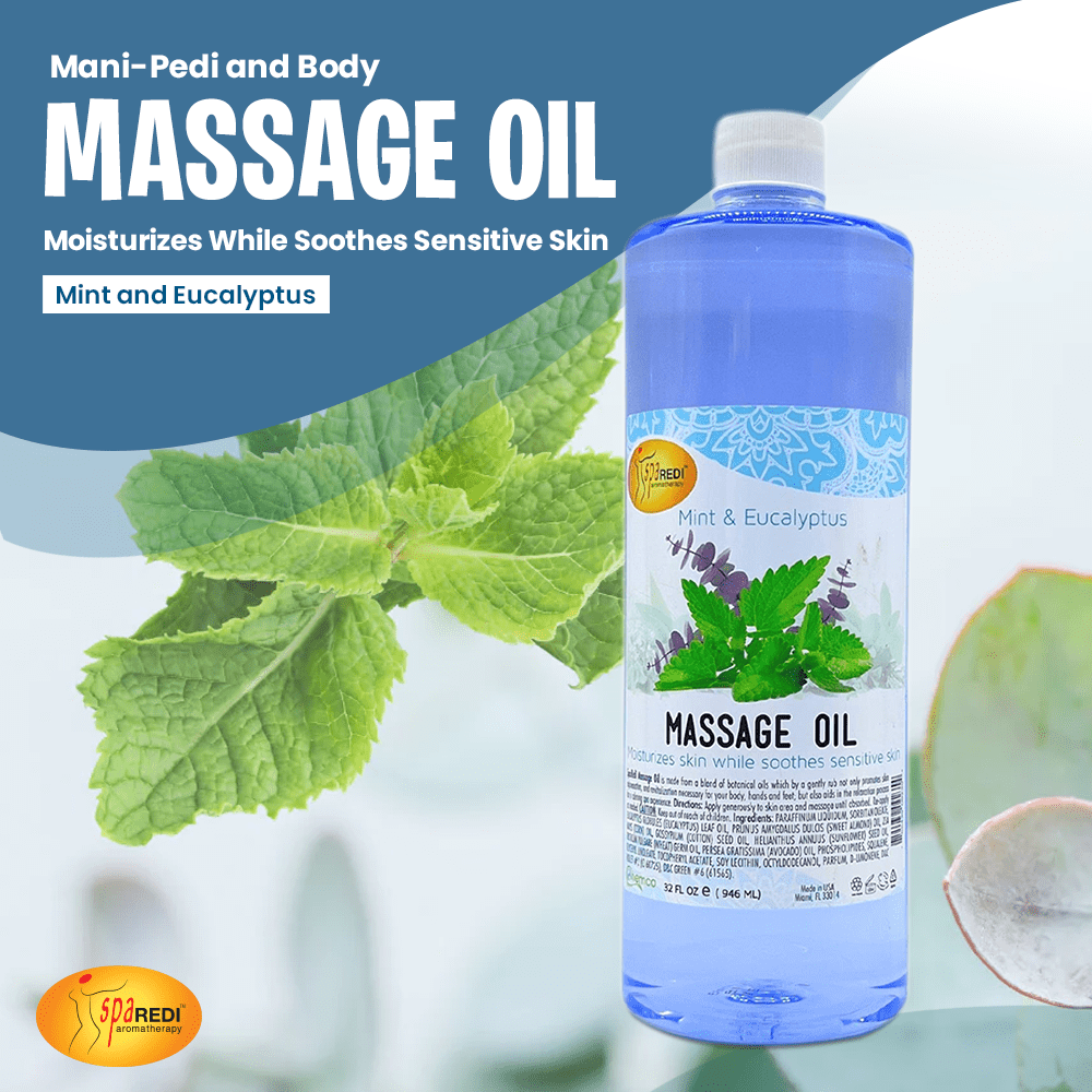 SPA REDI - Massage Oil, Mint Eucalyptus, 32 Oz - Professional Full Body Massage Therapy, Manicure, Pedicure - Relax Sore Muscles and Repair Dry Skin, Enhanced with High Absorption Oils and Vitamin E