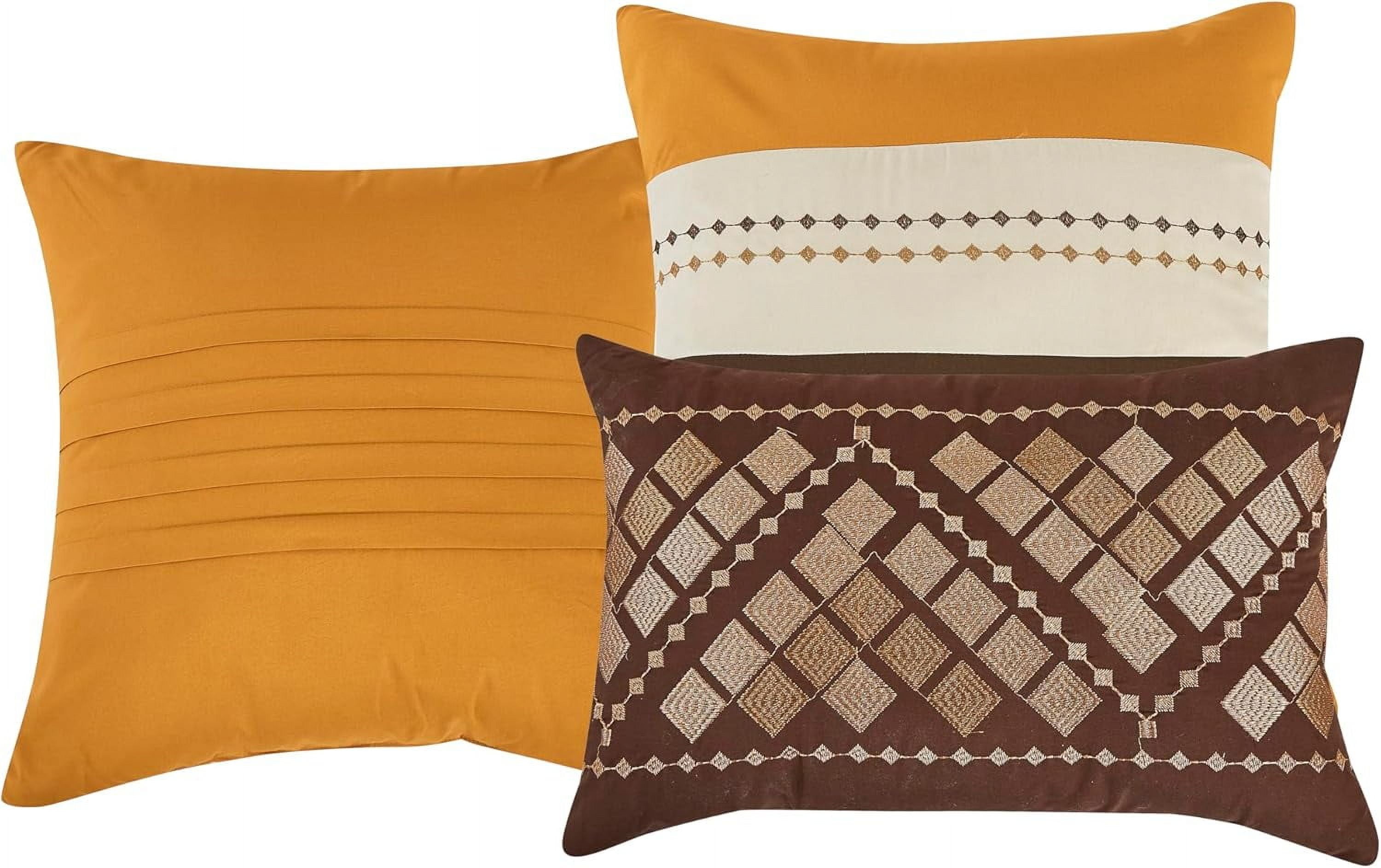 Chezmoi Collection Maple 7-Piece Orange Brown Geometric Embroidery Pleated Striped Comforter Bedding Set, King Size