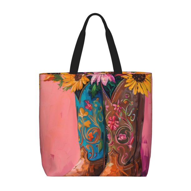Easygdp Cowboy Boots With Flowers Bolsa Tote para Mujer, Bolso de Hombro para Trabajo, Playa, Viajes, Compras y Supermercado