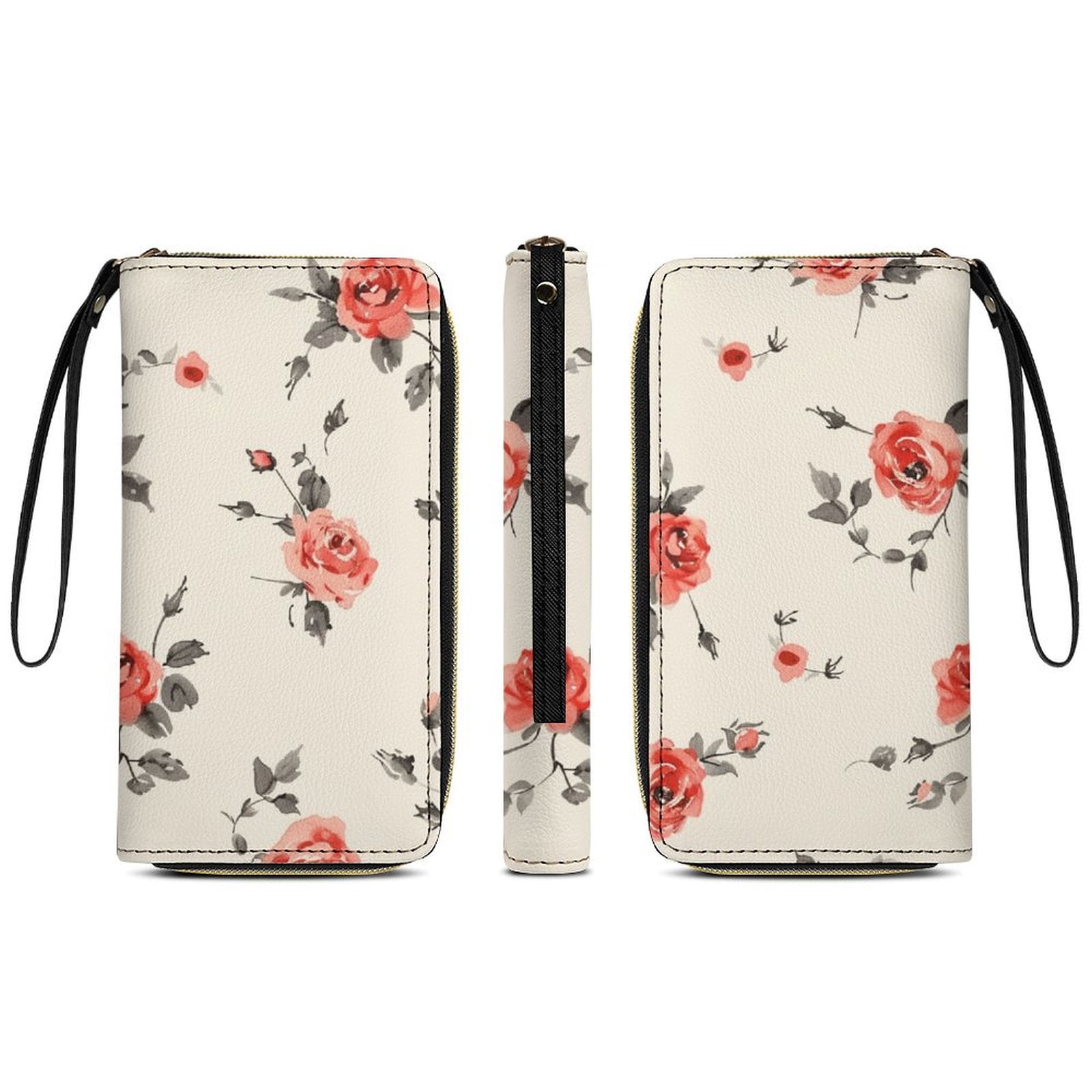 Womens Wallet Bifold Ladies Cluth Bag Wristlet Wrist Strap Long Purse Rose Pattern Design