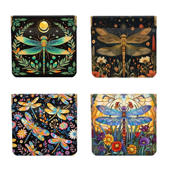4Pcs Small Leather Squeeze Coin Purse for Women-Dragonfly Pattern Waterproof & Durable Change Pouch Mini Money Wallet Best Gift