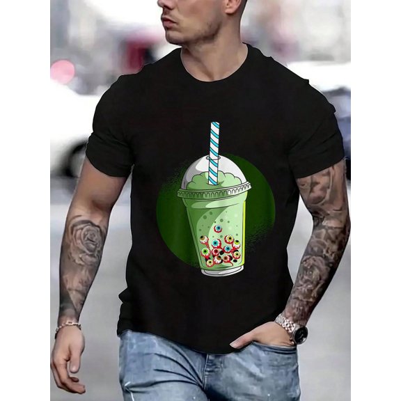 100 Cotton Graphic Tees Creepy Boba Tea Eye Balls Bubble Tea Lovers Halloween T-Shirt Crew Neck Short Sleeve T-Shirt, Casual Print Graphic Cotton Tees Men Tops