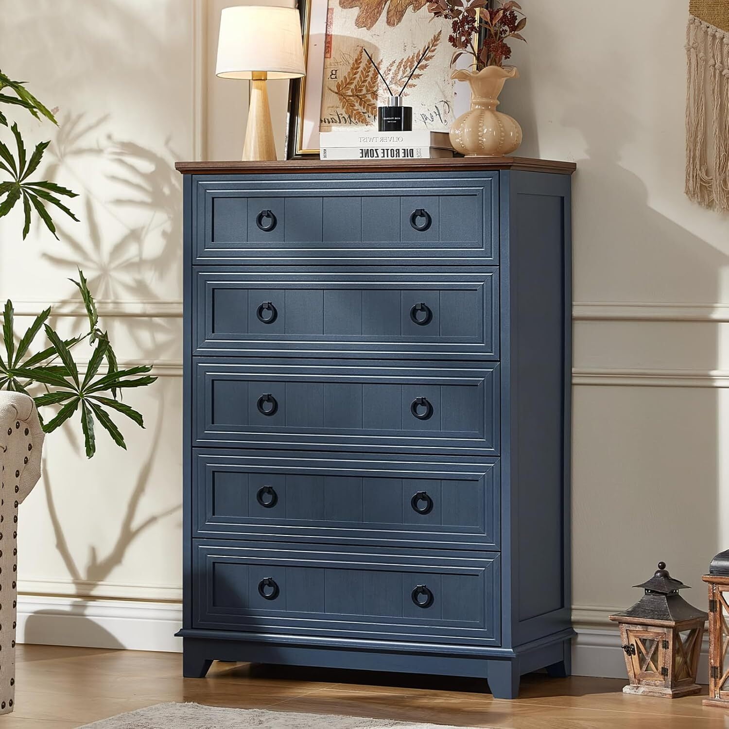 Joaxswe 5 Drawer Dresser Tall, Farmhouse Blue Chest of Drawers with Anti-Tip, Adult Large Storage for Bedroom, Hallway, Entryway