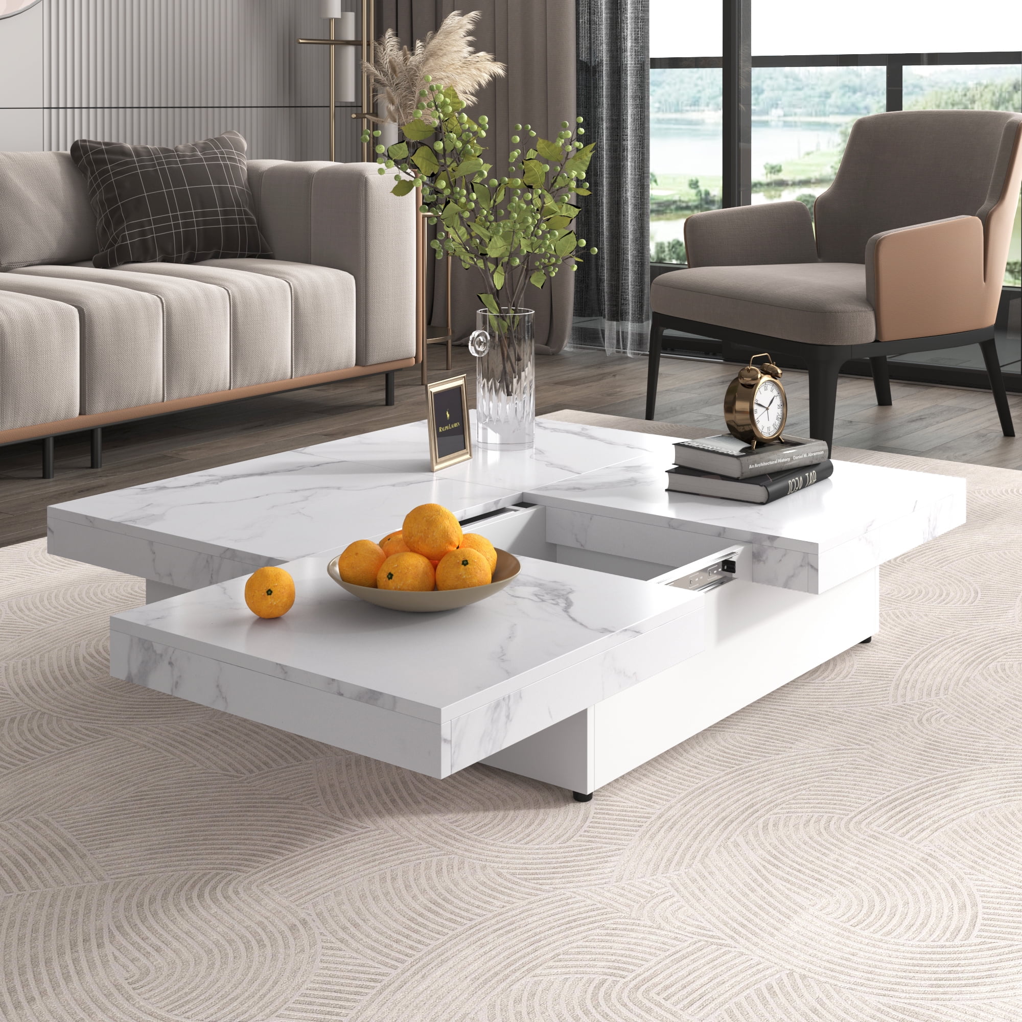 Euroco Modern Coffee Table with Sliding Top, Hidden Storage, Square Design, MDF Construction for Living Room