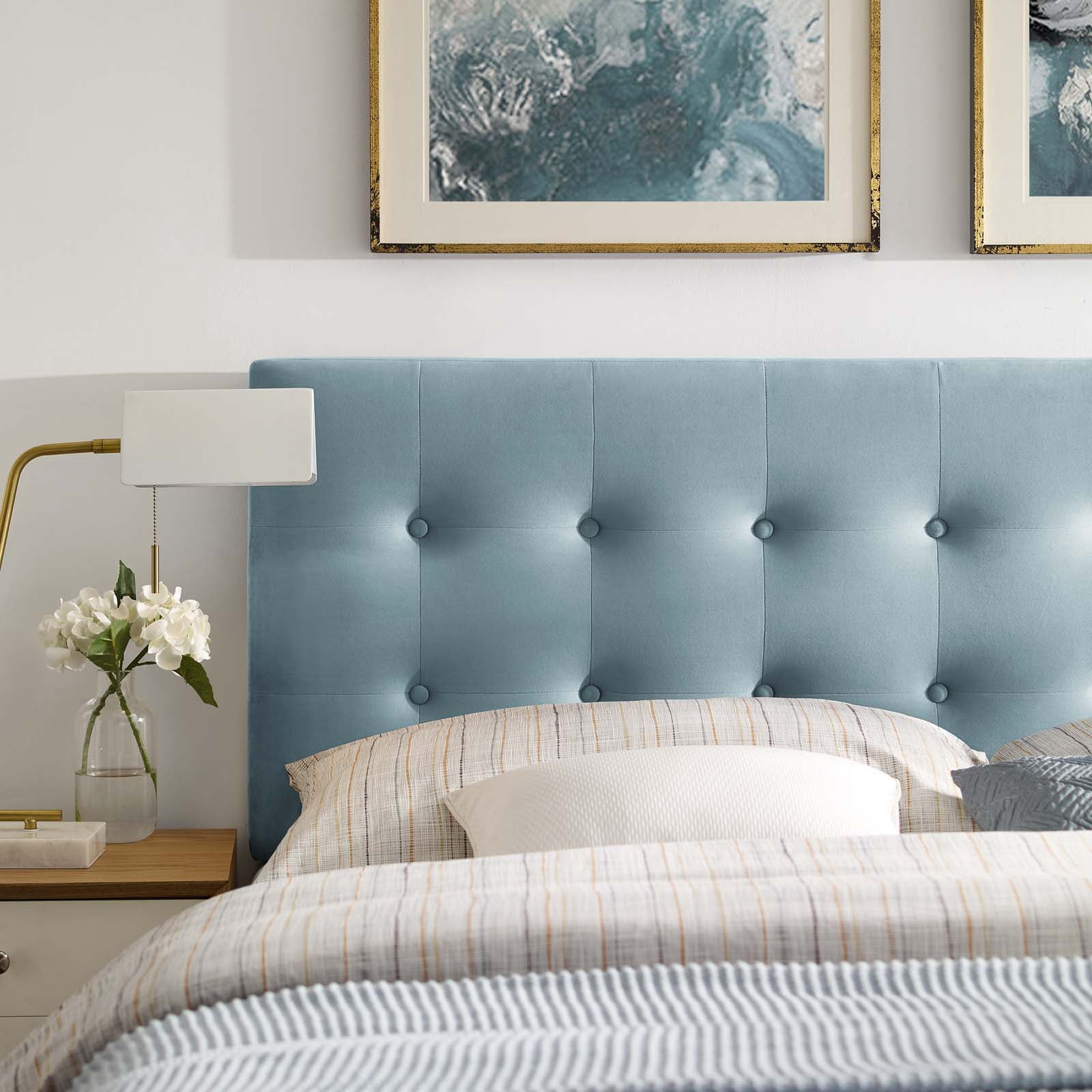 Contemporary Modern Urban Designer Bedroom Queen Size Tufted Headboard, Velvet Fabric, Light Blue