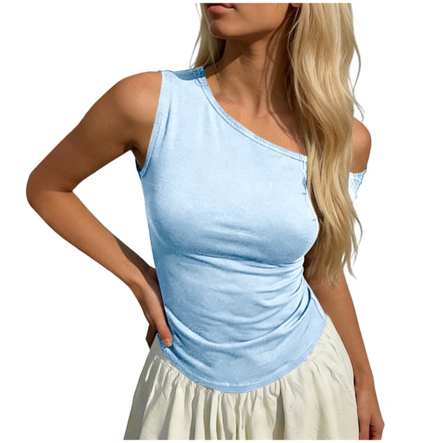 StSilkitty Womens One Shoulder Shirts Summer Solid Color Sleeveless Blouses Lightweight Soft Comfy Tops