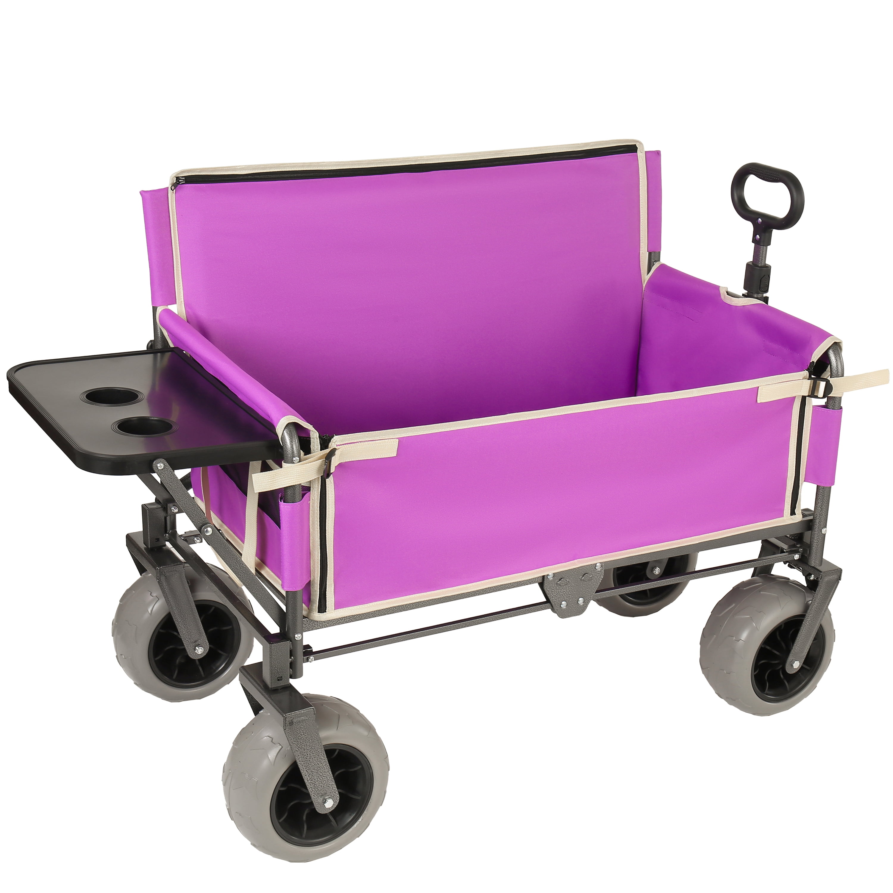 3-in-1 Collapsible Folding Wagon Cart, Convertible Bench with Rear Folding Tabletop & Cup Holders, 500lbs 180L Large Capacity, All-Terrain 360° Swivel Wheels for Camping, Beach, Garden, Fishing