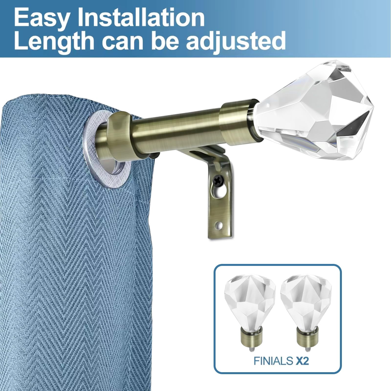 Urbanest Real Crystal Diamond-cut Elegant Designer Curtain Rod – Solid Metal Rod with Genuine Crystal Finials – 3/4" Adjustable , Heavy-Duty, Decorative, Sparkling Design, 48" to 84", Antique Brass