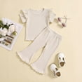 thumbnail image 2 of Zwiiyzr 1-5T Toddler Baby Girl Summer Clothes Set Crewneck Ruffle Knit Ribbed Short Sleeves T-Shirts Tops Flared Pants 2Pcs Outfits Beige, 2 of 7