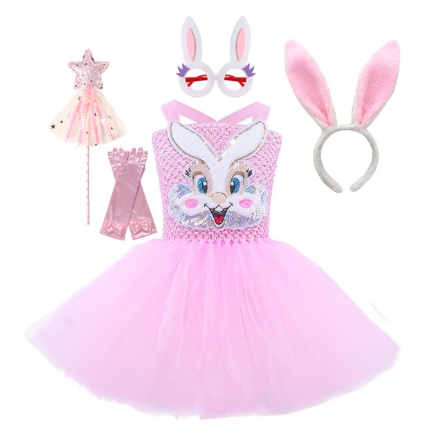 Vestido de Pascua para niñas pequeñas, vestido de tutú de tul de conejo bonito con orejas rosadas, disfraz de conejito de Cosplay para bebés y niños, fiesta de carnaval de cumpleaños 160 (10-12T) Gao Jinjia LED