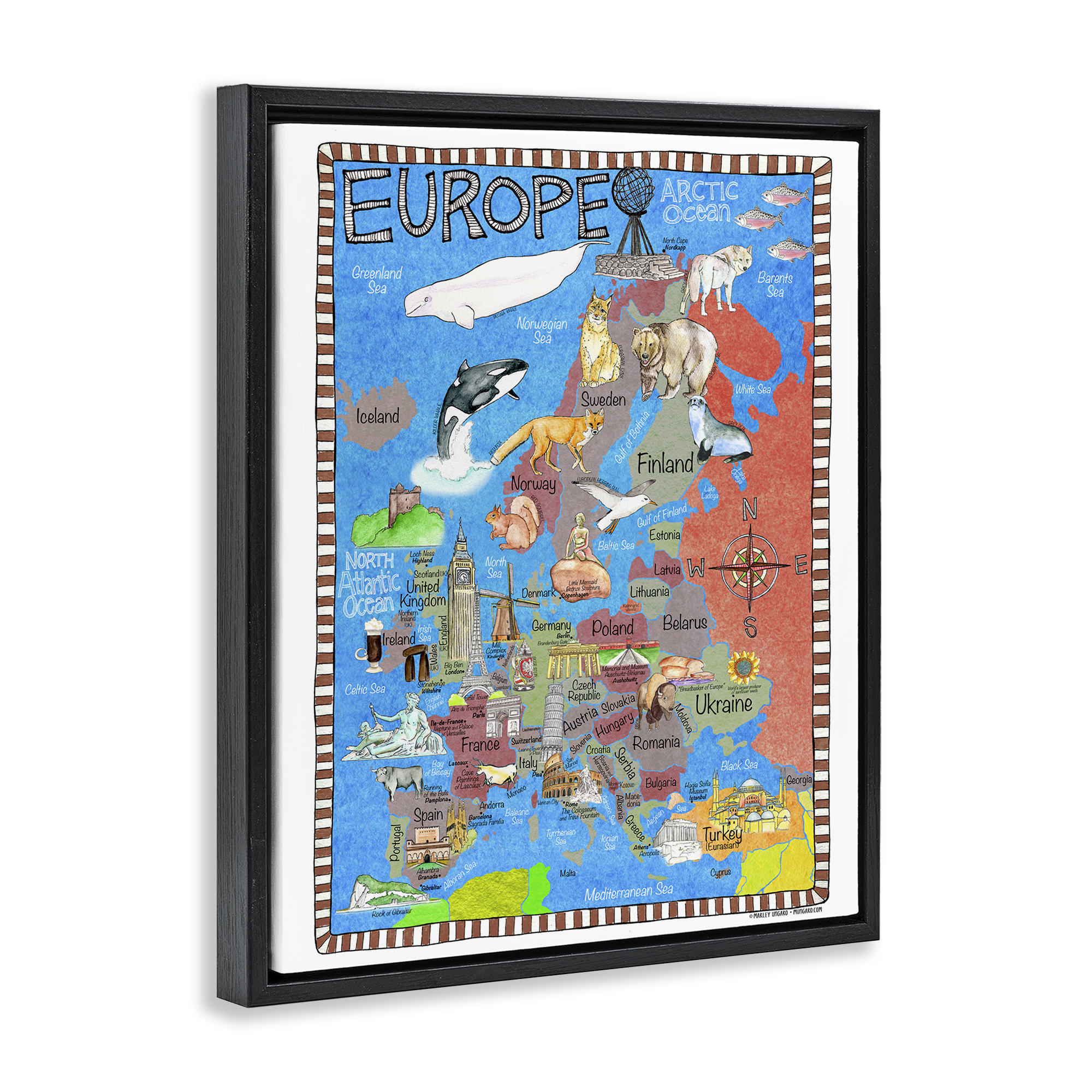 Stupell Industries Europe Animal Map Town & City Painting Black Floater Framed Art Print Wall Art, 25 x 31
