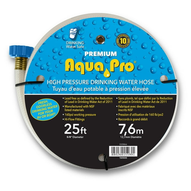 Aqua Pro Fresh Water Hose W20866 Not Heated; 5/8 Inch Diameter; 25 Foot Length; FDA Sanctioned Material; Lead Free; With Twist-Tite Hose Gripper