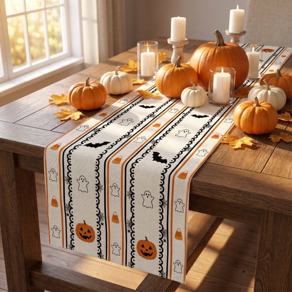 Halloween Table Runner Ghost Pumpkin Printed Decor, Spooky Holiday Dining Table Cover Linen Fabric Party Decoration, Halloween Kitchen Home Decor Runner for Fall Party