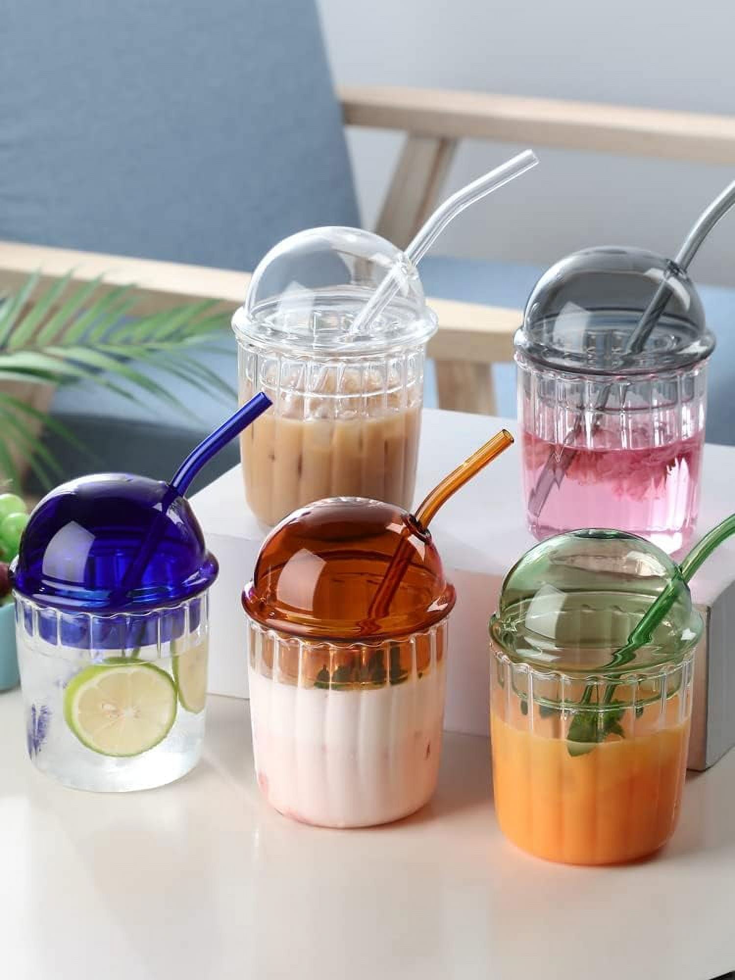 RAZURE Cute 15oz Glass Tumbler With Straw & Lid – Perfect For Iced Coffee, Juice & On-the-Go Drinks