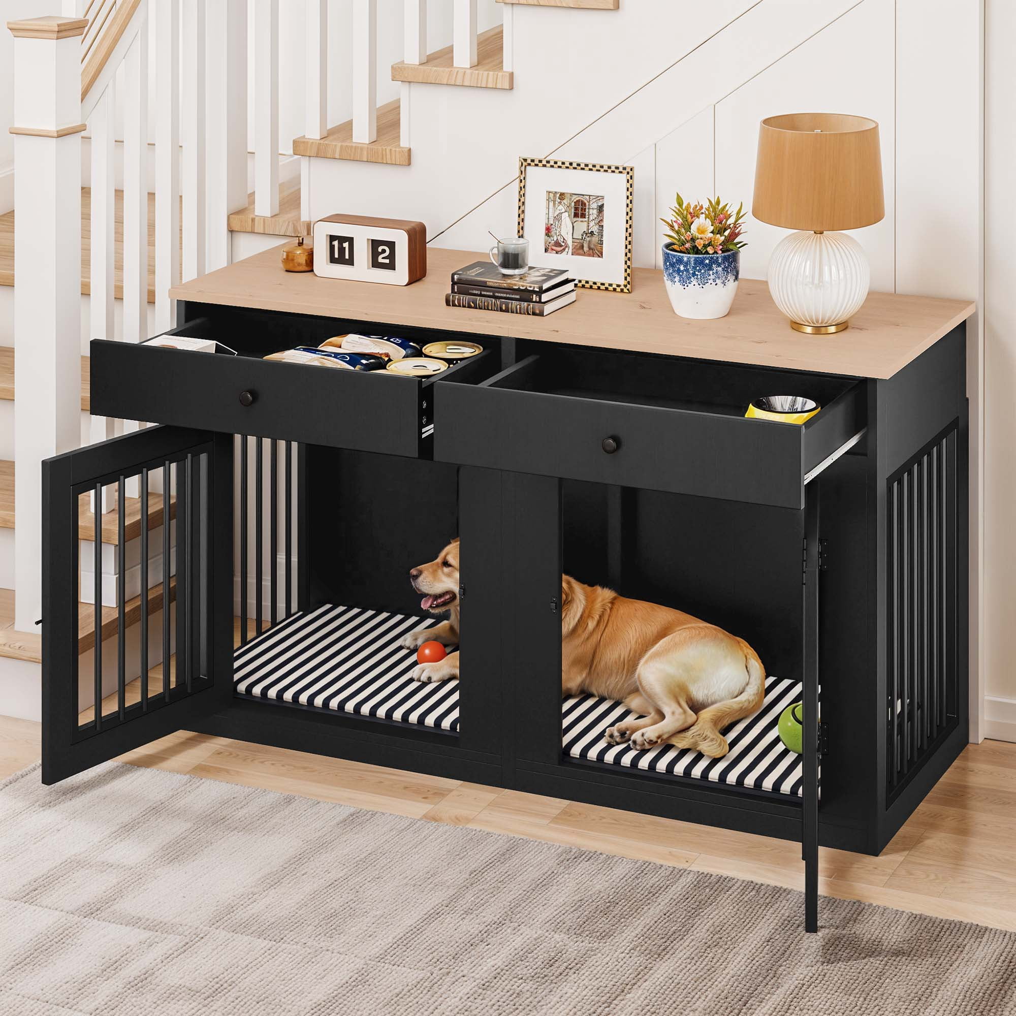 Dextrus 60" Large Double Door Dog Crate Furniture with Locks, Indoor Dog Cage Table with Removable Divider & 2 Storage Drawers, Black