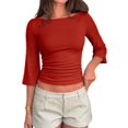 thumbnail image 3 of Women's 3/4 Sleeve Top Ruched Waist Fitted Tops for Women Crop Boat Neck Ribbed Bell Sleeve Flare Red S, 3 of 8