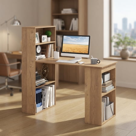 Topcobe 48" Computer Desk with 4-Tier Bookcase and CPU Stand, Writing Table Workstation, Ideal for Working and Studying, Natural