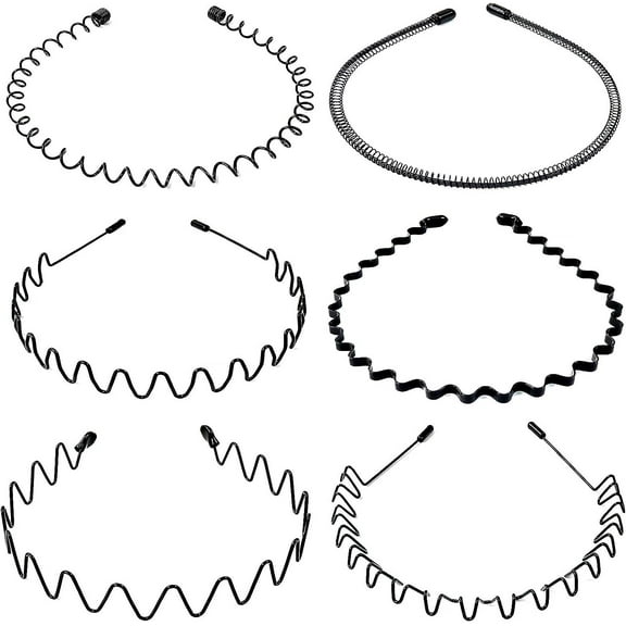 6 Pieces Metal Headband Black, Multi-Style Metal Hair Hoop, Unisex Hair Band, Hair Hoop Spring Wave Hairband, Sport Fashion Hair Band Accessories for Women and Men