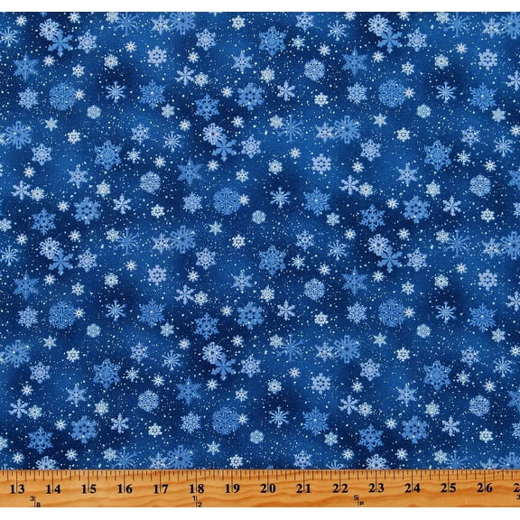 Cotton Snowflakes Snow on Royal Blue Landscape Medley Winter Holiday Cotton Fabric Print by the Yard (532ROYAL)
