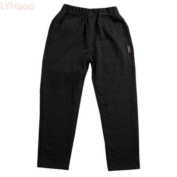 LYHaoo Boys Linen Pants Long Casual Trousers For Kids Spring Summer Outdoor Play Comfortable Elastic Waist Pants for Boys(Black)