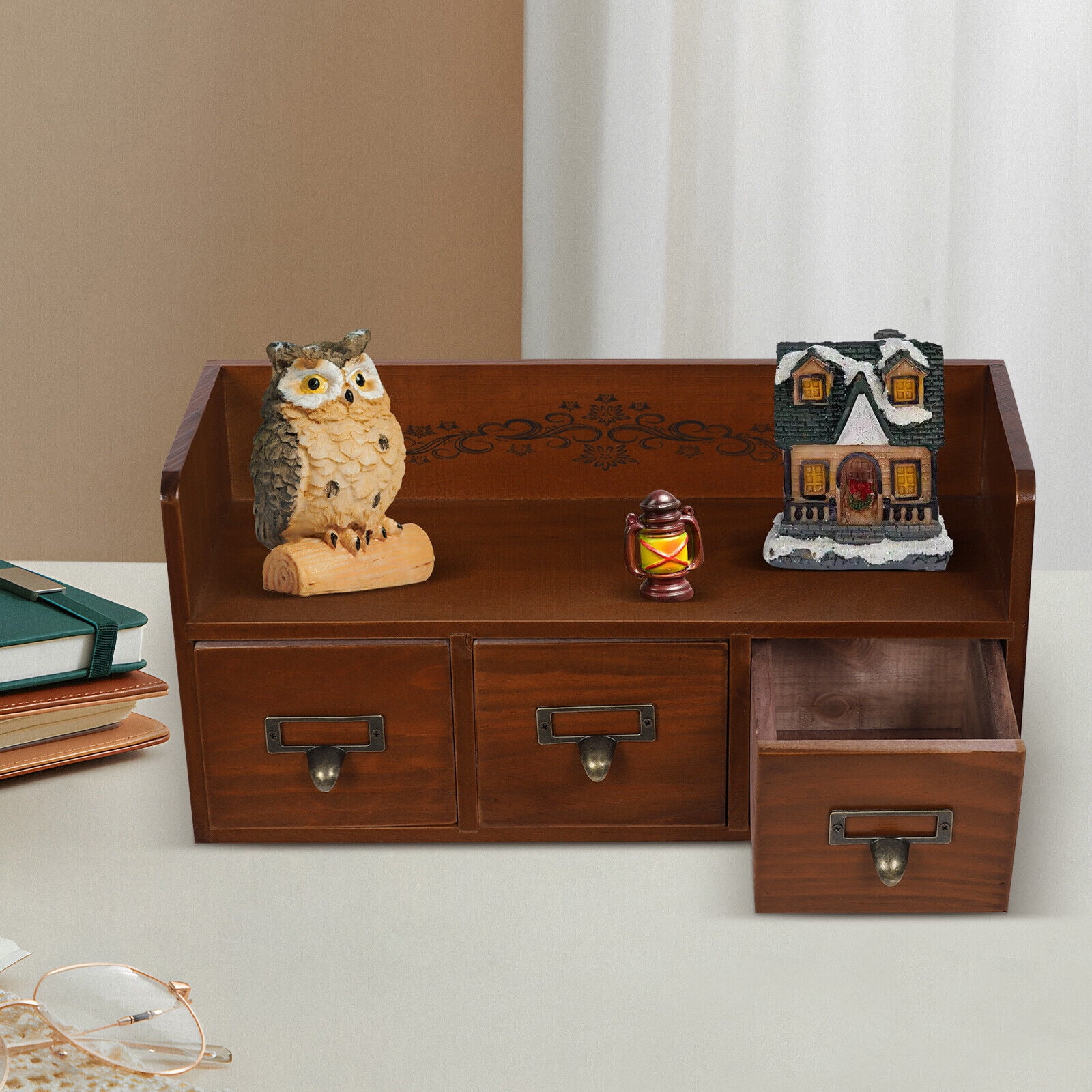 3 Drawers Vintage Desktop Organizer Small Wood Storage Cabinet Cosmetic Jewelry Organizing Box