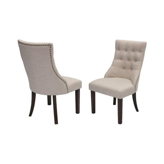 Walnut Wood Dining Chairs with Beige Linen and Tufted Seats (Set of 2)
