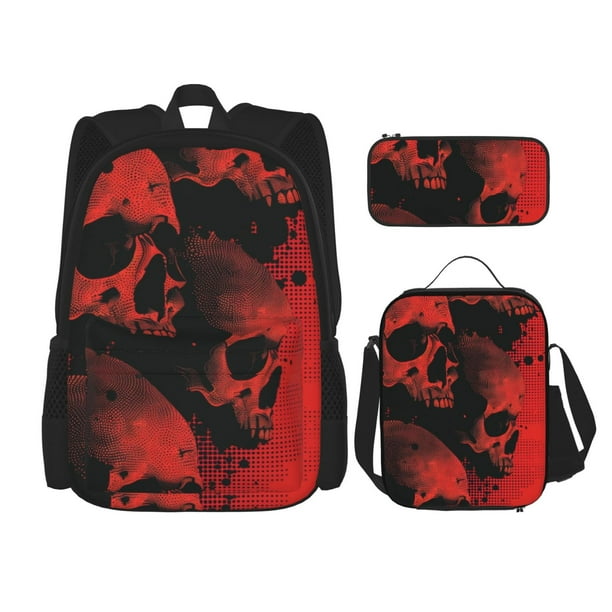 Balery Red And Black Abstract Skull Mochila Escolar 3 en 1 para Niños - Mochila Resistente con Lonchera Térmica y Estuche - Mochila Escolar para Niños y Niñas
