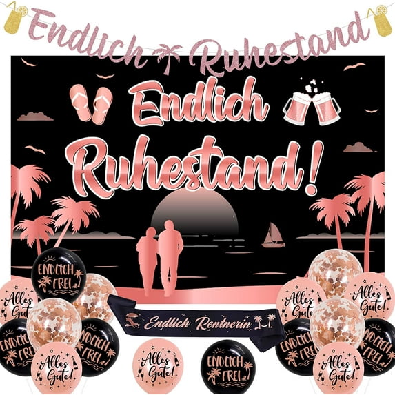 Black and Rose Gold Retirement Decorations, Endlich Ruhestand Banner, Retirement Sash, Backdrop, Confetti Balloons, Happy Retirement Party Supplies for Women