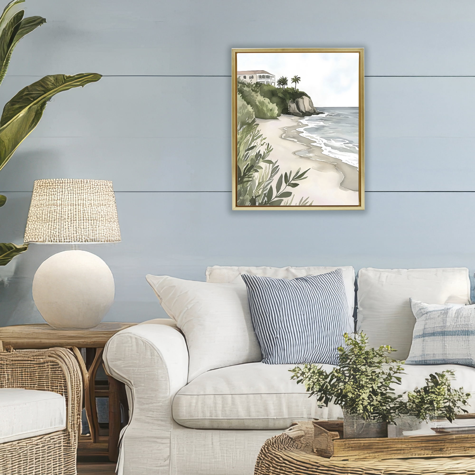 Stupell Industries Coastal Calm Villa on Bluff Gold Framed Floater Canvas Wall Art, design by Riley B