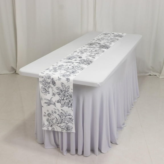 Efavormart Polyester Table Runner 12"x108" White with Black French Toile Floral Print - Exquisite Reusable Table Décor