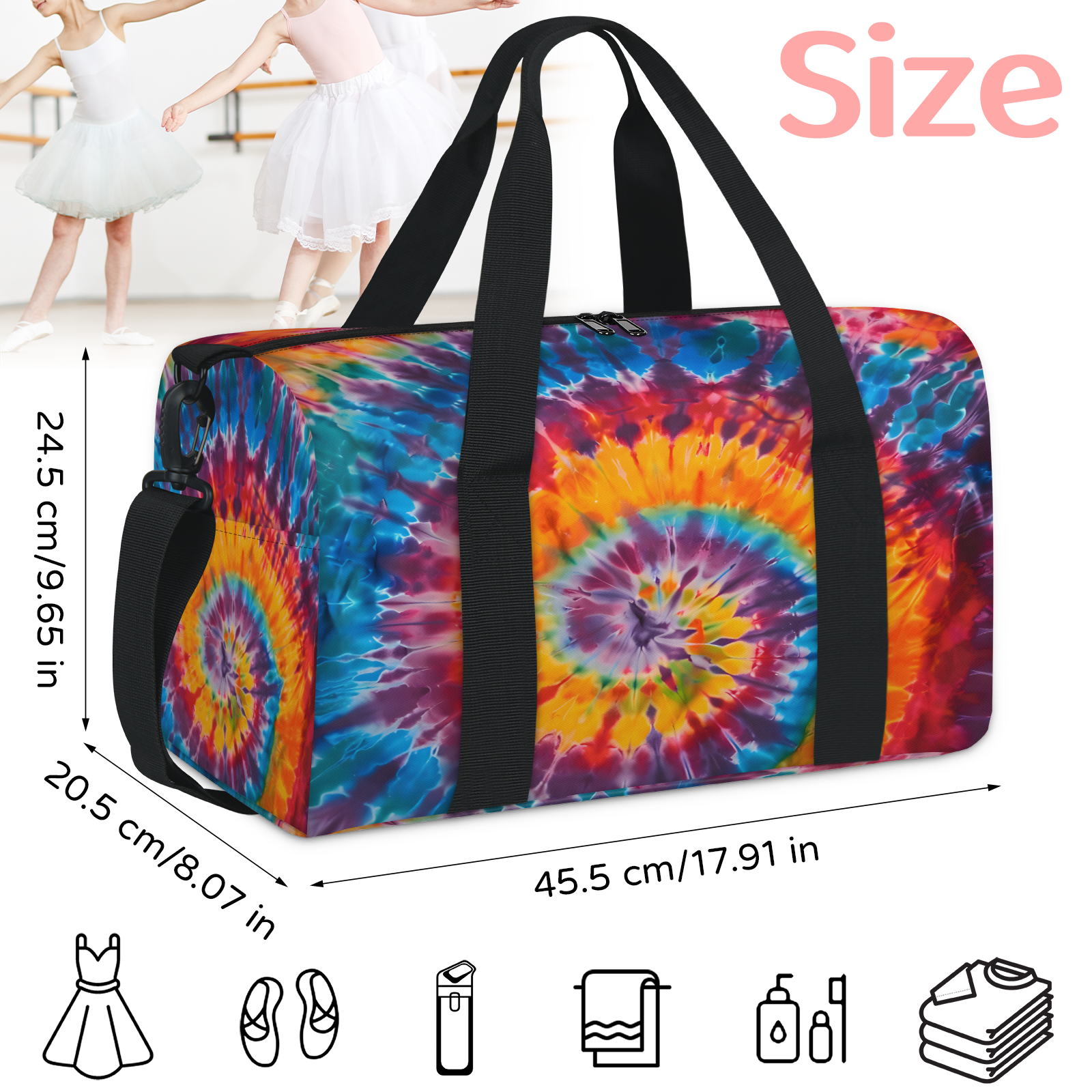 Herdesigns Colorful Tie Dye Rainbow Spiral Gym Bag for Women, Duffle Bag for Travel Sport, Lightweight Waterproof Carry on Weekender Overnight Dance Yoga Workout Bags