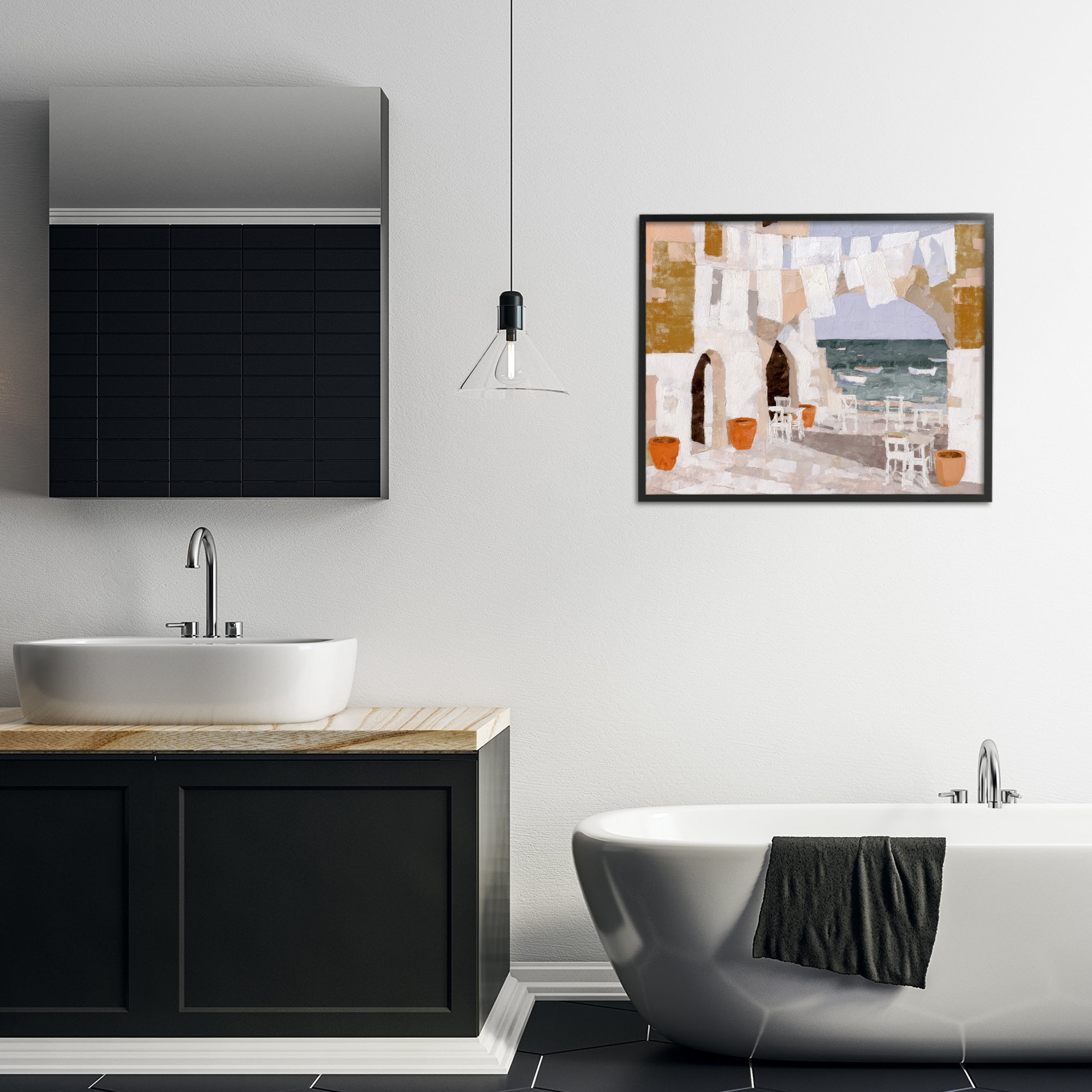 Stupell Industries Coastal Village Plaza Laundry Black Framed Giclee Art, design by Chromatic Storm Studio