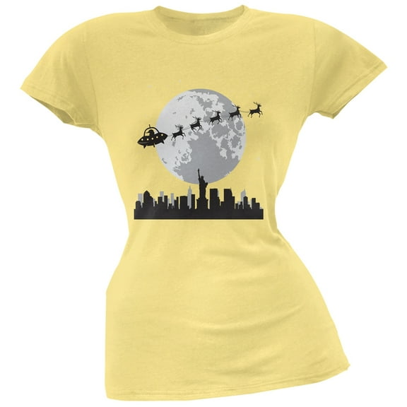 Alien Santa Sleigh Yellow Soft Juniors T-Shirt - X-Large