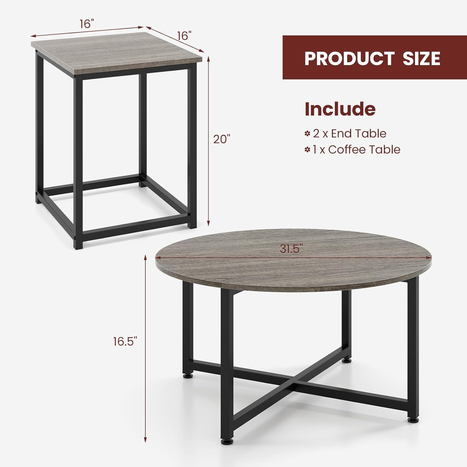 Round Nesting Table Set of 3, Farmhouse Coffee Table w/2 End Tables, Sturdy Metal Frame, 3-Piece Wooden Living Room Table Set for Home Office, Apartment (Black Oak)
