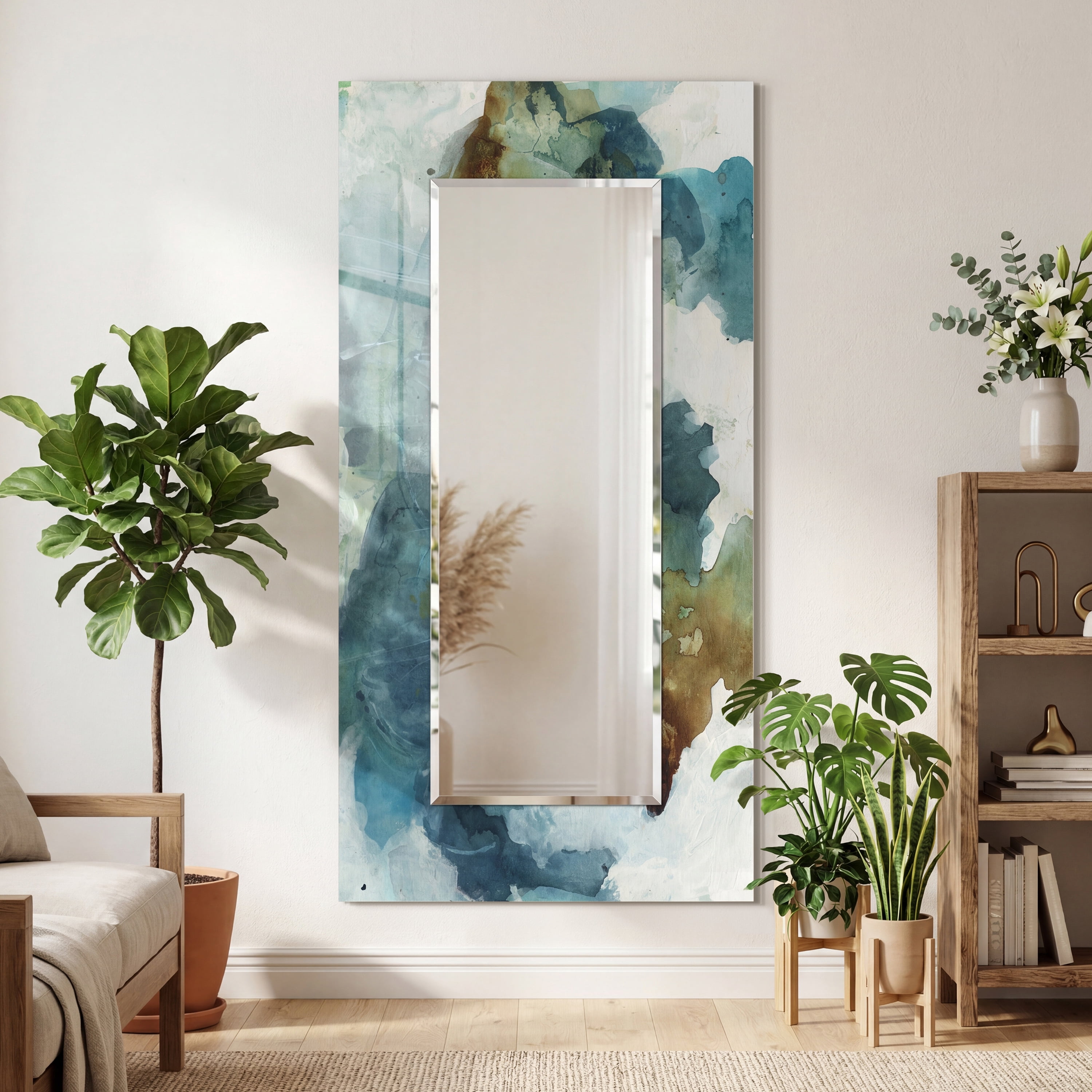 Empire Art Direct Blue Sky Rectangular Beveled Mirror on Free Floating Reverse Printed Tempered Art Glass, 72" x 36" x 0.4", Ready to Hang