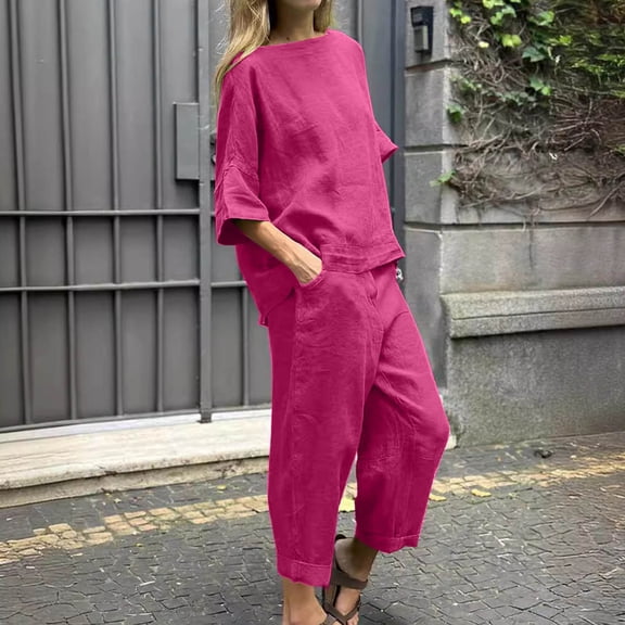 Muscularfit Plus Size Sets Matching Sets Linen Set Women Palazzo Set Taper 3/4 Sleeve Pink Full Length Crew Neck Women Outfits Sets,XXXXL