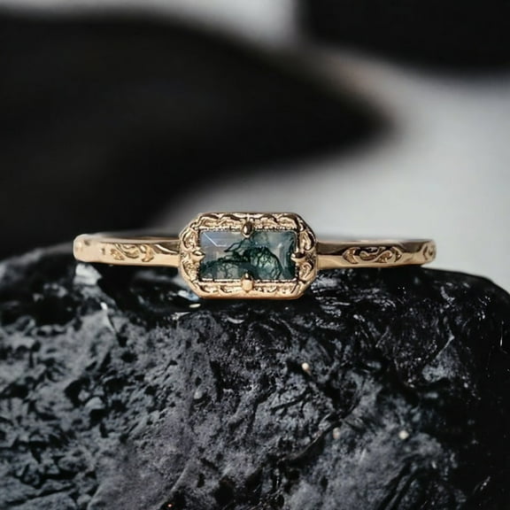 Moss Agate Wedding Band Ring Silver Gold Art Deco Unique Baguette Cut Green Agate Anniversary Delicate Jewelry gift