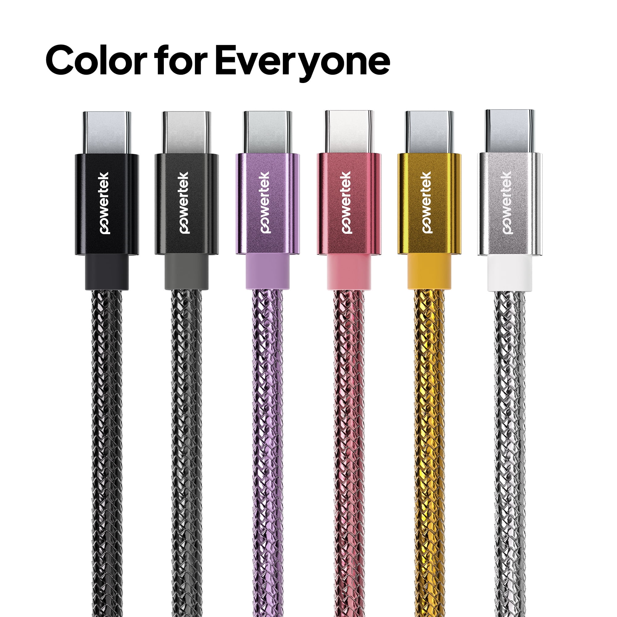 Powertek Luxe 6ft USB-C to USB-C Cable, Gold, Fast Charge & Sync, Metallic Mesh PVC Jacket, Durable Tangle-Free Design