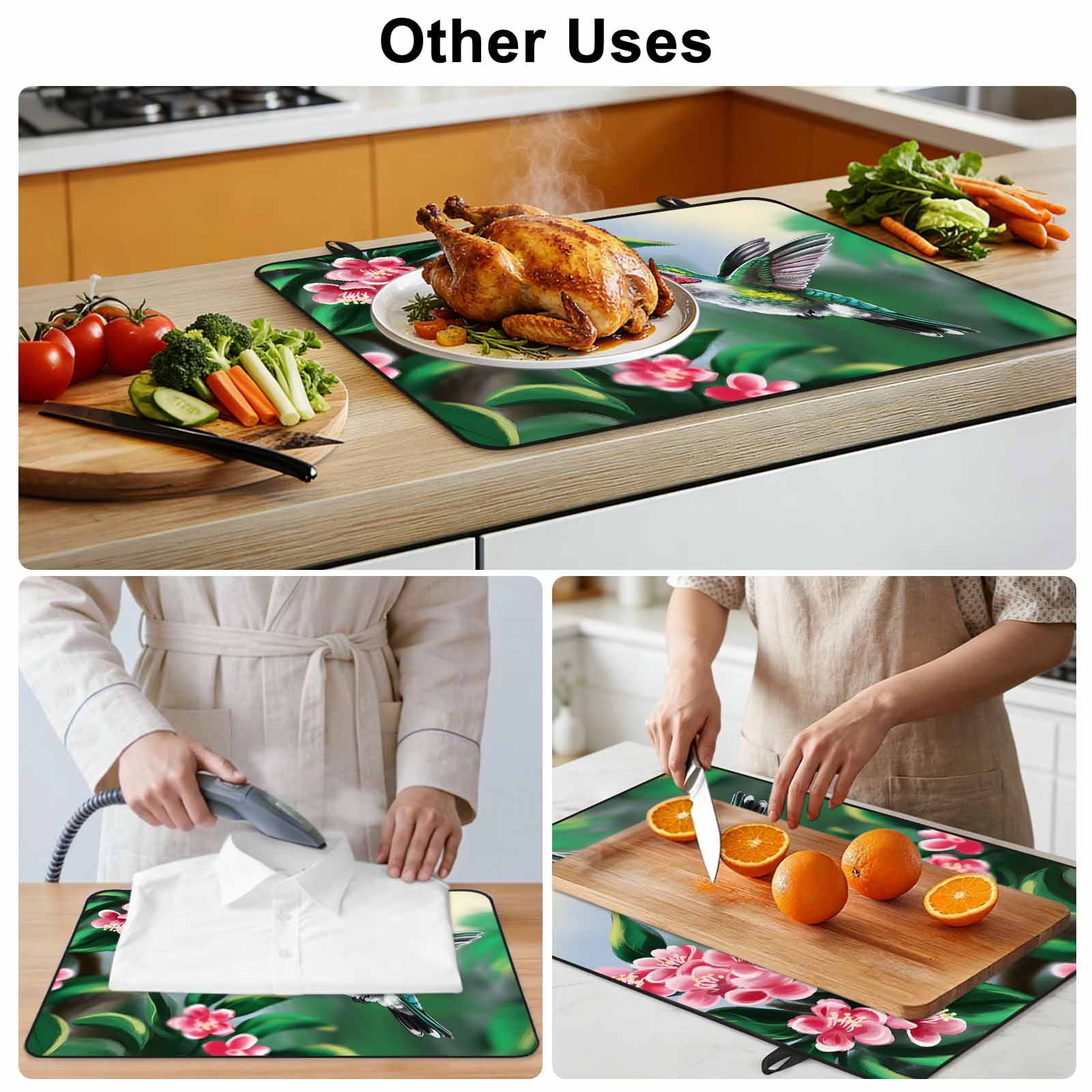 Green Hummingbird Stove Top Cover for Electric Stove, Heat-proof & Non Slip Glass Top Stove Cover Protector, Spring Summer Pink Flower Leaf Kitchen Flat Cooktop Rubber Mat 24x21 Inches