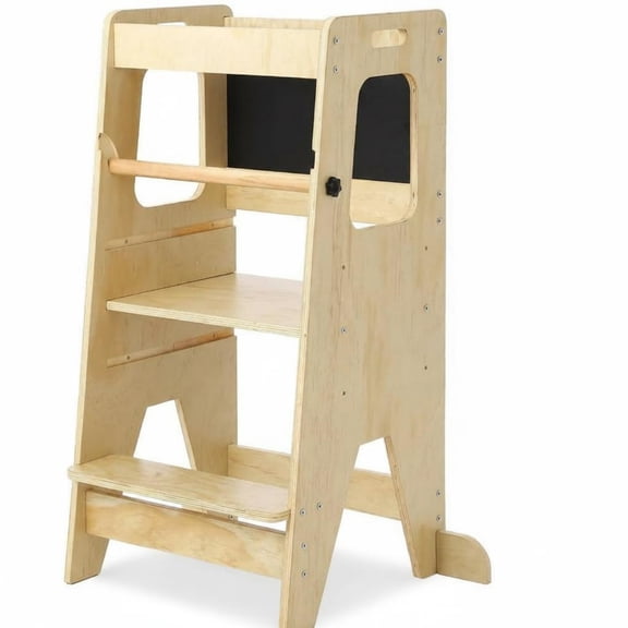Garvee Kids Kitchen Step Stool, 17.32 x 16.54 x 35.43", 3 Height Adjustable with Safety Guardrail, Oak