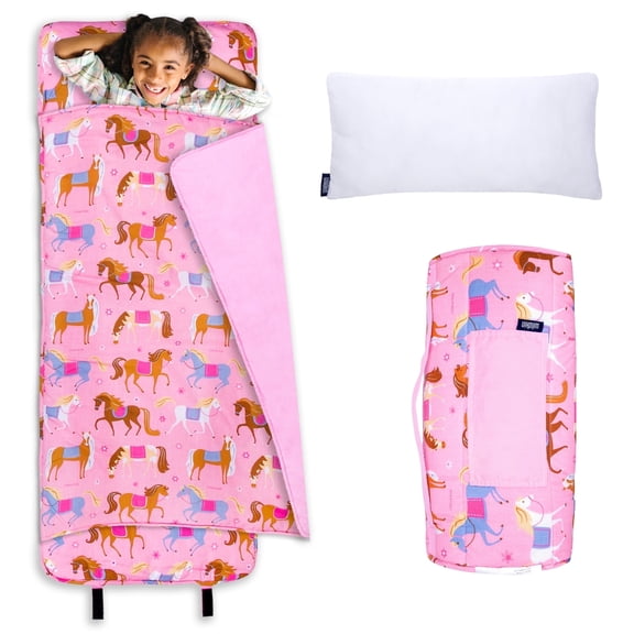 Wildkin Original Nap Mat with Pillow for Boys and Girls, Features Hook and Loop Fastener, Roll-Up Design, Soft Cotton Blend Materials (Horses Pink)