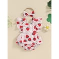 thumbnail image 3 of Musuos Newborn Girl Summer Outfit, 3 6 12 18Months Flower Strawberry Print Fly Sleeve Romper with Hairband Summer Clothes, 3 of 9