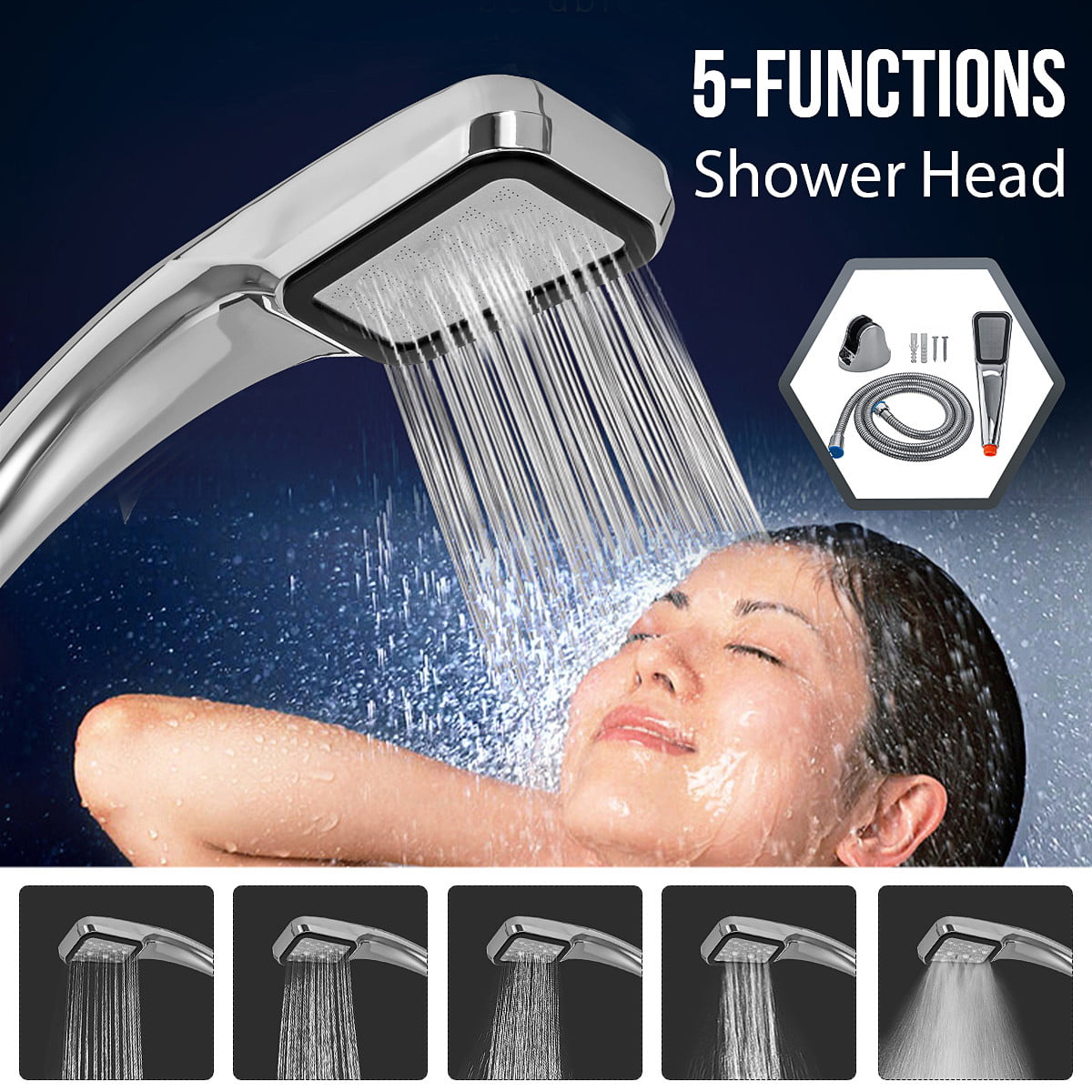 8" 5 Set High Pressure Handheld Shower Head Faucet Water Saving W/ Bracket&Hose