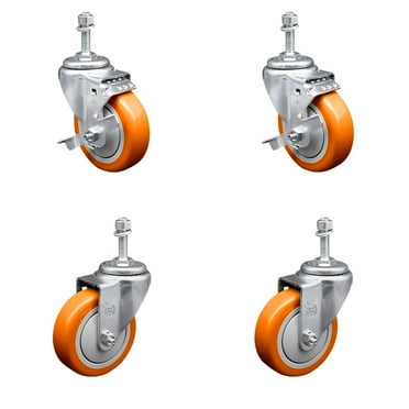 4 Inch Orange Poly Wheel Swivel 3/8 Inch Threaded Stem Caster Set 2 Brakes