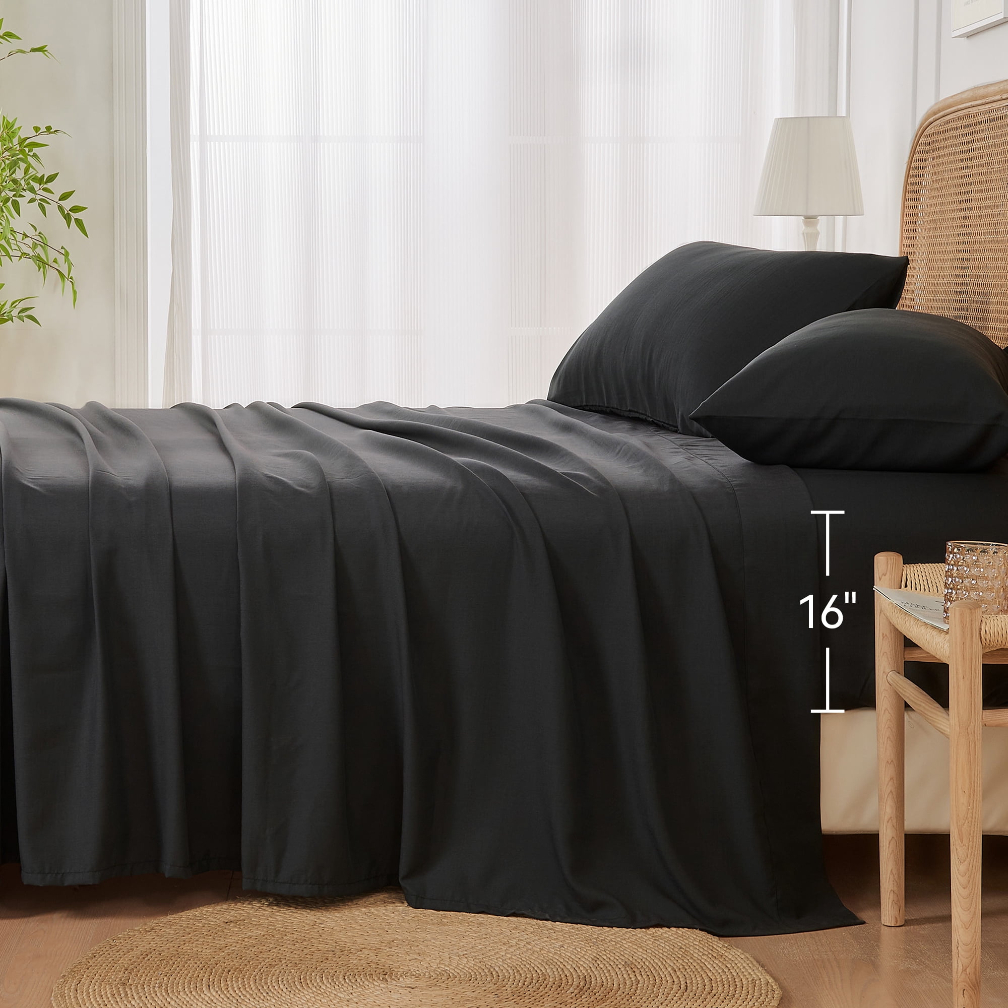 JELLYMONI 4 Pieces Cooling Full Sheets Set, Microfiber & Bamboo Sheet Set, Breathable & Wrinkle Free 16" Deep Pockets Bedding Sheets & Pillowcases,Black