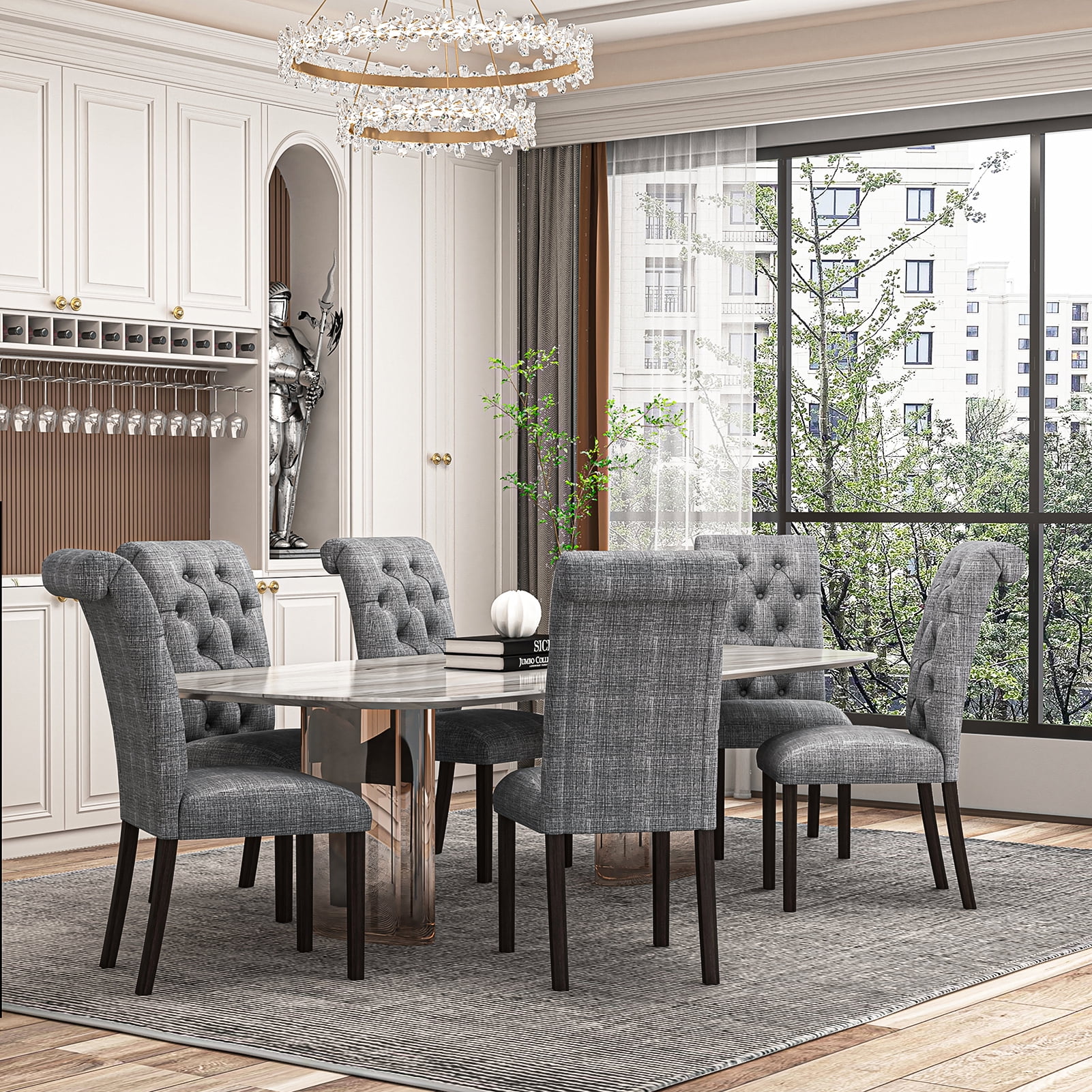Yardi Yard Set of 2 Grey Linen Fabric Upholstered Tufted Dining Chair with Solid Wood Legs for Kitchen Yardi Yard Set of 2 Grey Linen Fabric Upholstered Tufted Dining Chair with Solid Wood Legs for Kitchen