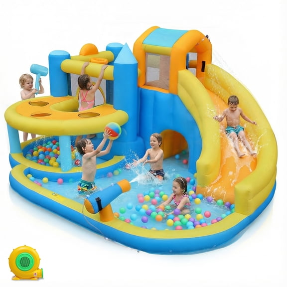 Ktaxon 10-in-1 Inflatable Water Slide Bounce House with Blower, 167" x 161" x 83", Whack-a-Mole Water Park w/ Splash Pool, Bounce Area & Crawl-Through Tunnel, Kids Backyard
