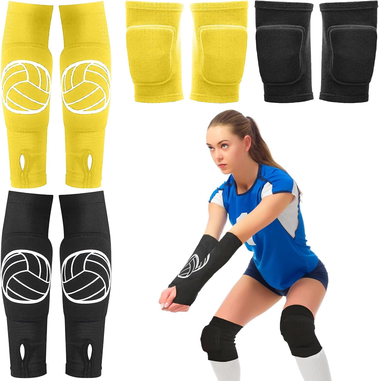 BURIBURI 2 Set Volleyball Knee Pads and Volleyball Arm Sleeves with Protection Pad Compression Forearm Wrist Guard with Thumb Hole Soft Breathable for Hitting Passing